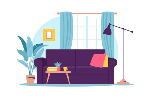 Interior of the living room with furniture. Modern sofa with mini table. Flat cartoon style. Vector illustration.