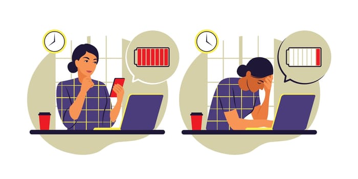 Professional burnout syndrome. Happy and tired female office worker sitting at the table. Frustrated worker, mental health problems. Vector illustration. Flat.