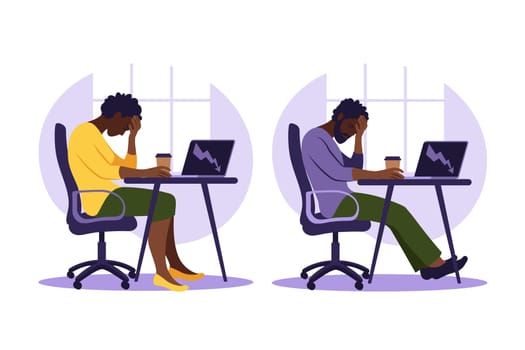 Professional burnout syndrome. Illustration tired african female and man office worker sitting at the table. Frustrated worker.