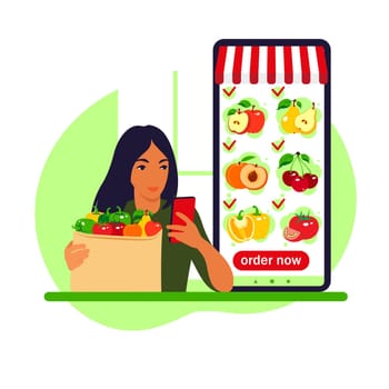 Online food order. Grocery delivery. Woman shop at an online store. The product catalog on the web browser page. Stay at home concept. Quarantine or self-isolation. Flat style.