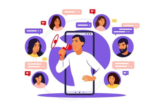 Man with megaphone on screen mobile phone and young people surrounding her. Vector illustration in flat with characters - influence blogger promotion services and goods for his followers online.