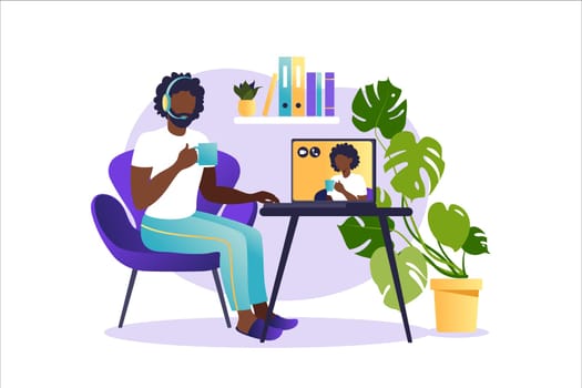Social networks, chatting, dating app. Vector illustration for online dating app users. Flat illustration of african man and woman acquaintance in social network.