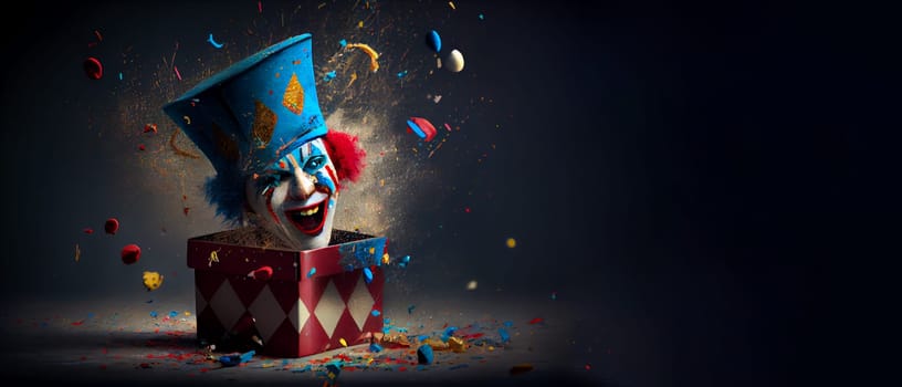 Jack in the Box with confetti, jester hat. April fool day concept with box surprise. Banner 3D illustration with a copy of the place for the text