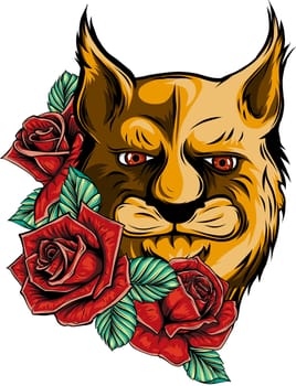Lion with roses and leaves illustration.