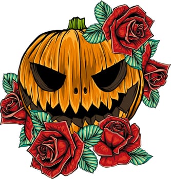 Pumpkin with Roses Distressed Halloween Grunge Graphic Style.