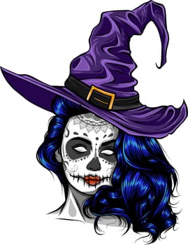 Pretty witch with hat. Vector hand drawn illustration