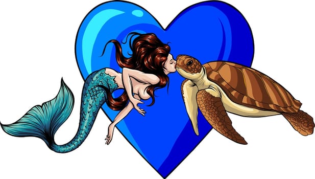 Beautiful little mermaid and turtle vector illustration