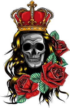 The queen skull with crown and roses flower