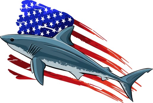 USA flag over Shark vector silhouette isolated on white.