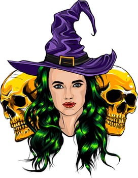 Dead witch with two sugar skulls. vector