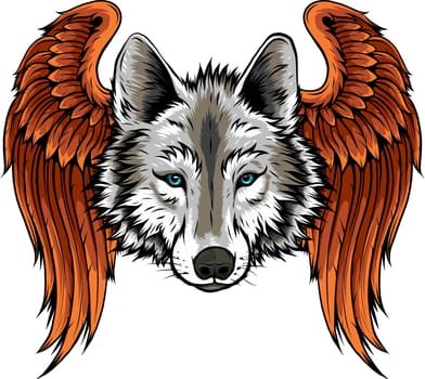 wild wolf or husky sled dog head and wings portrait