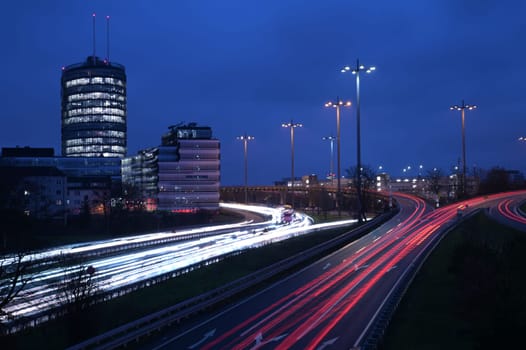 Long exposure shot of the light trails on B7 and A52 freeway near Meerbusch