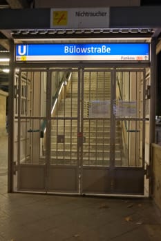 Vertical shot of the locked entrance to the underground station Buelowstrasse in Berlin, Germany