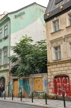 Vertical street view with graffiti on old buildings in Prague, Czech Republic