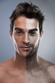 Before and after. A young man with half his face shaved and the other half unshaved.