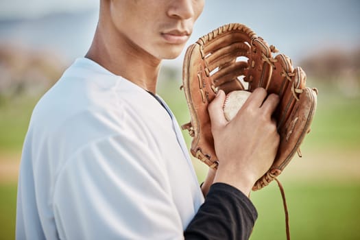 Man, baseball player or hands glove on field, sports or arena grounds for game, match or competition throw. Zoom, athlete or softball mitt for pitcher, fitness exercise or training workout in stadium