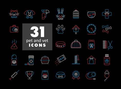 Pet and vet vector icon set on black background