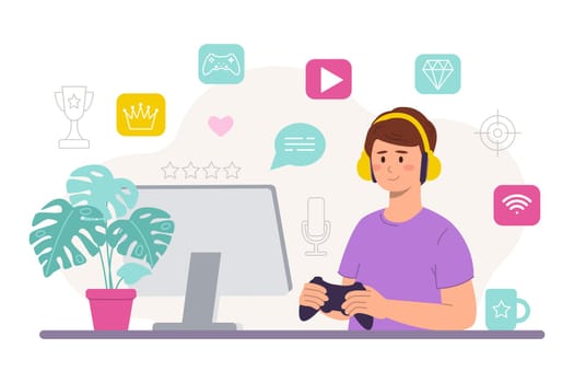 Male gamer with joystick behind monitor in gaming headphones. Home environment. Vector flat illustration