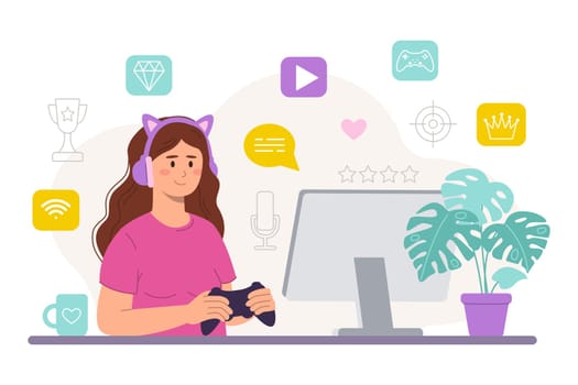 Female gamer with joystick at the monitor in gaming kawaii headphones with ears. Home environment. Vector flat illustration