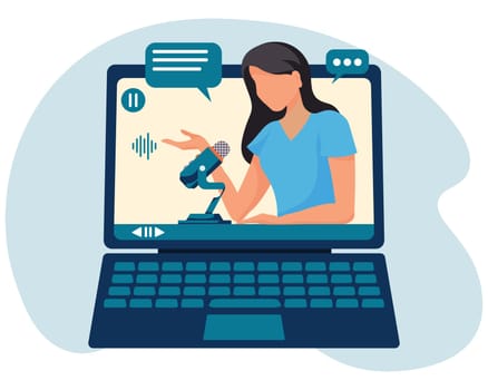 Woman blogger with microphone in computer screen. Flat style illustration