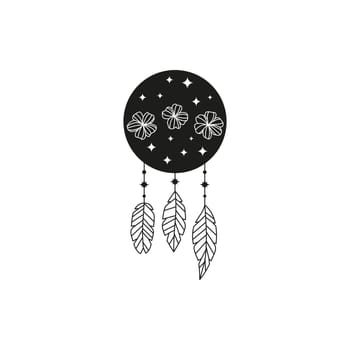 Boho moon with feathers and wildflowers.