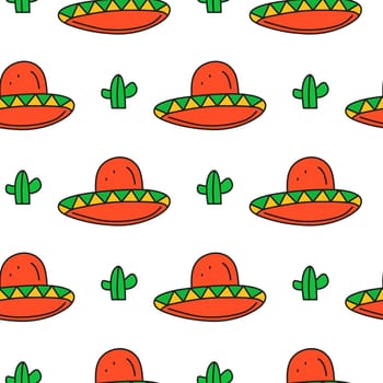 Seamless pattern with sombrero hats and cactuses.