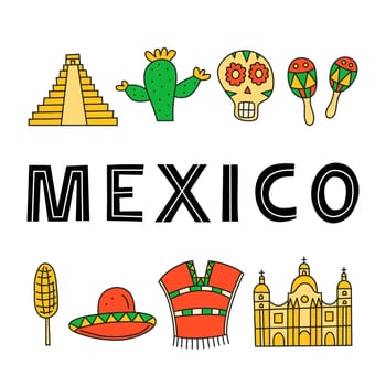Mexican poster with national landmarks, food and attractions.
