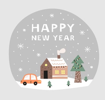 Christmas postcard with winter house, car, fir tree.