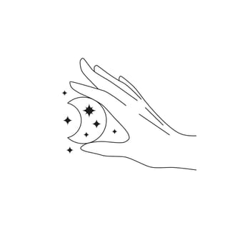 Hand drawn female hand holding crescent moon.