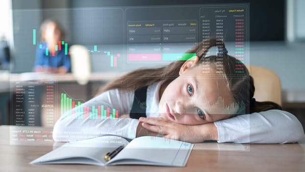 The schoolgirl is bored at the lesson while lying on the desk. HUD menu. Stock charts. brokerage terminal.