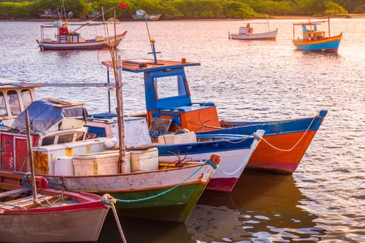 Porto Seguro harbor with colorful fishermen wooden boats, BAHIA, Brazil