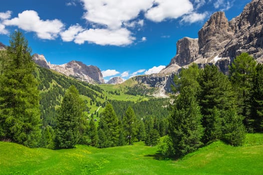 Landscape in Gardena pass and Sassolungo massif, Dolomites at springtime, Italy