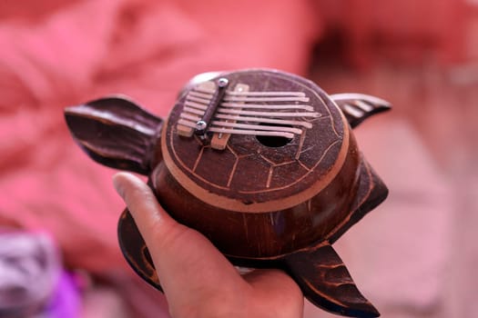 Kalimba musical instrument in the form of a turtle, selective focus.