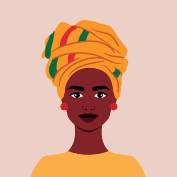 Beautiful African girl in traditional headdress. Full face portrait in flat style. Avatar. Female. Diversity. Black history month