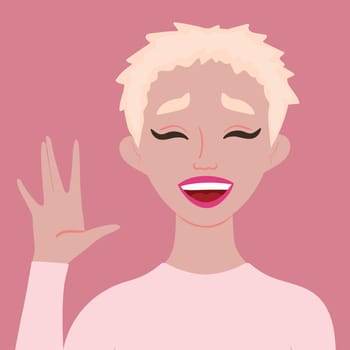 Happy laughing young blonde woman. Says Hello. Smiling. Flat style. Female. Laugh