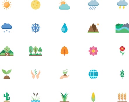 Nature and environment set of icons in flat style. Pack of bright icons of ecology, weather, seasons and landscape. Vector art