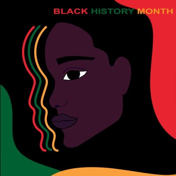 Black history month. Abstract African woman face on black background with green, yellow and red shapes. Hand drawn. African American History. Celebrated annual.