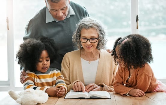 Bible, reading book or grandparents with children for learning, support or hope in Christianity education. Wellness, old man or grandmother studying or teaching kids siblings God in religion together