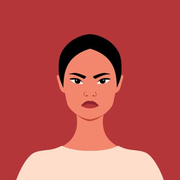 Portrait of an angry Asian woman. Grumpy girl. Felleing anger. Full face portrait in flat style. Human emotions