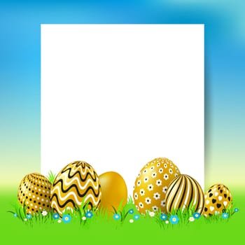 Easter background with gold eggs and empty paper on nature background. Easter background with eggs in grass with place for text.