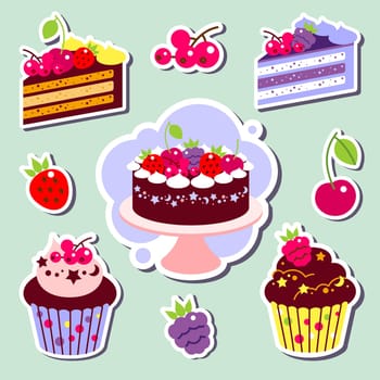 Color set of cakes and cupcakes, piece of cake. Set stickers.