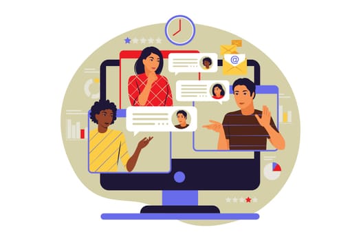 Telecommuting concept. Team discussing ideas through online meeting. Vector illustration. Flat.