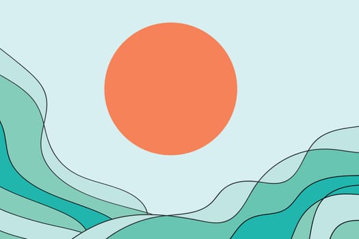 Sun under the waves. Simple art. Blue ocean waves and orange sun in the sky. Vector art