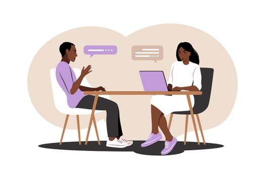 Job interview conversation. African hr manager and job candidate meeting for interview. Vector illustration. Flat.