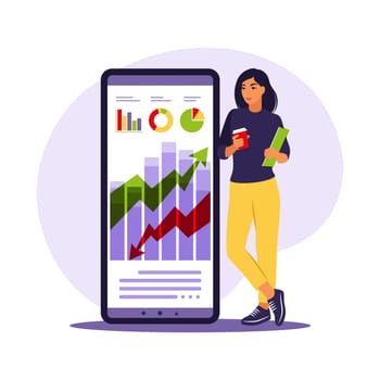 Businesswoman investing into innovation with high potential. Successful investor or entrepreneur. Trading, financial consulting, investment and savings. Vector illustration. Flat.