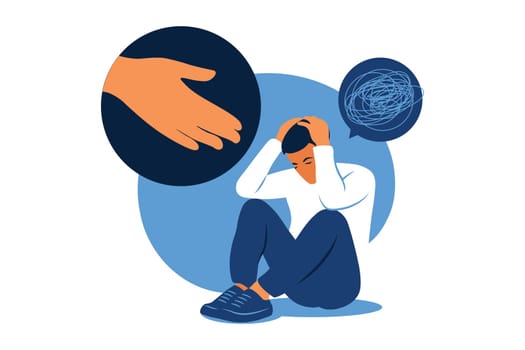 Concept of mental disorder, sorrow and anxiety. Human hand helps. Sad lonely man in depression. Vector illustration. Flat.