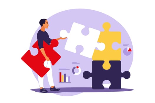Problem solving. creative decision, difficult task concept. Man assembling puzzle. Cooperation and teamwork. Vector illustration. Flat.