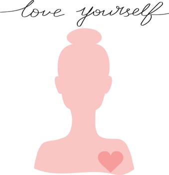 Girl silhouette with heart and handwriting Love yourself. Hand drawn art. Motivation phrase