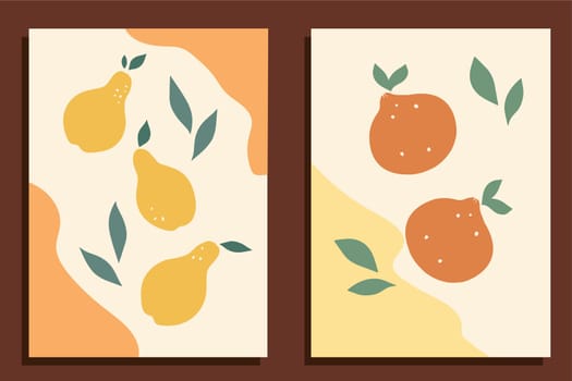 Hand drawn pears and oranges on textured background. Vector art