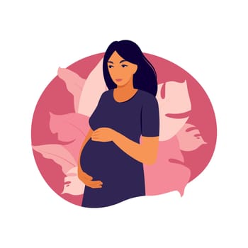 Portrait pregnant woman in dress on white background. Health, care, pregnancy. Vector illustration. Flat